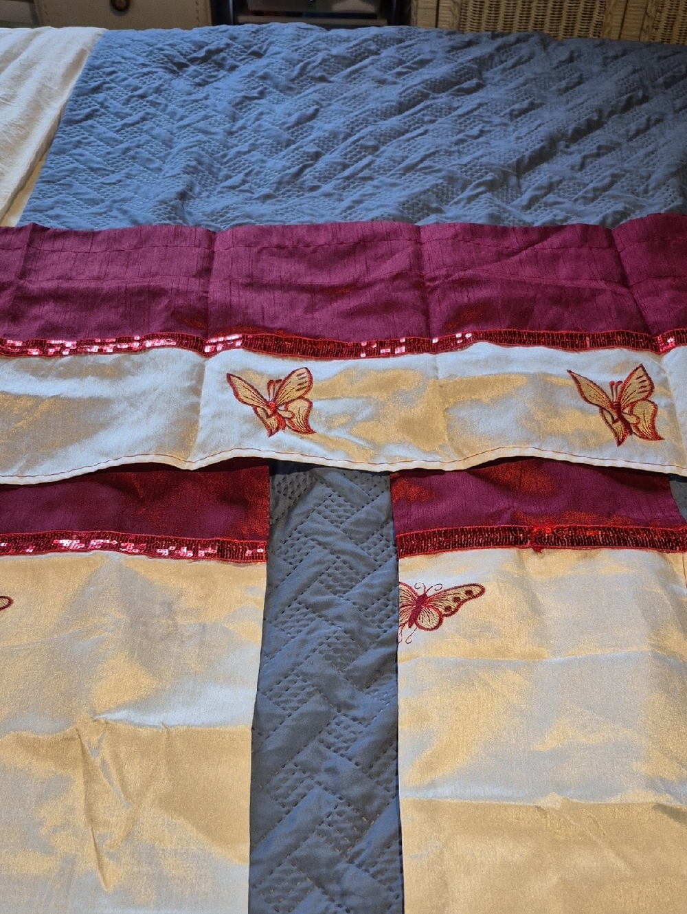 Butterfly Embroidered Curtain Panel Set in Burgundy and Cream